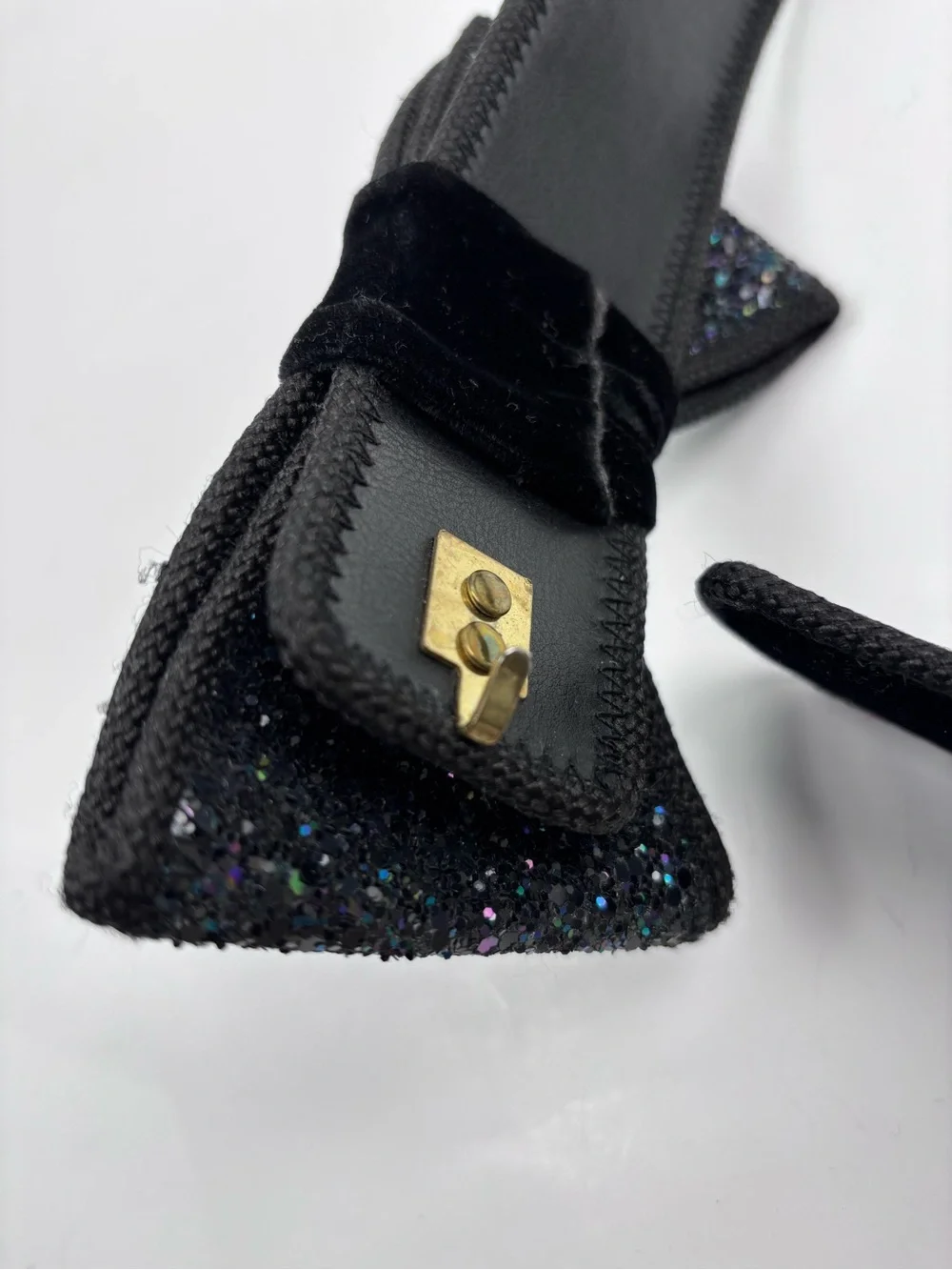Vintage Black Velvet Glitter Bow Belt Made in USA Retro Statement Waist Belt M